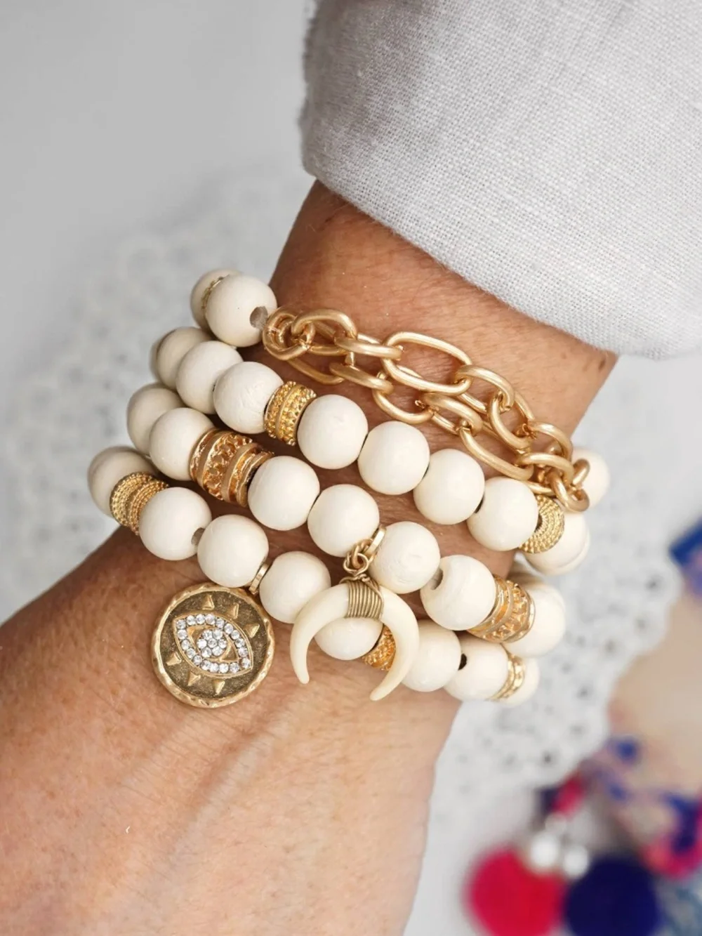 Beaded Boho Bracelets set of 4 Gold Coin Cream wood beads